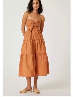 Anthropologie Blue Tassel Tie-Front Tiered Midi Dress - Rust